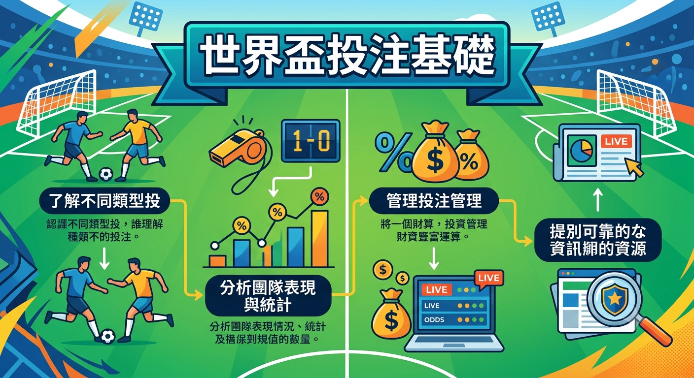 這張圖片以「世界盃投注基礎」為標題,展示了足球場上的博弈概念與策略分析。 圖像透過足球員、統計圖表與數位設備,直觀地說明了分析團隊表現及管理投注資源的核心步驟。
