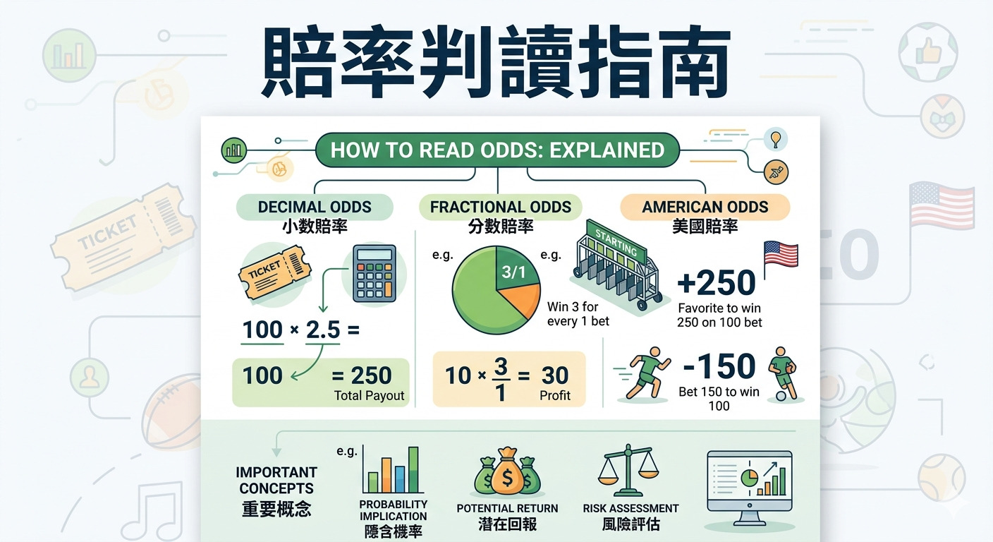 這張圖片以「賠率判讀指南」為標題,展示了十進位、分數與美式三種賠率的計算方式與基本概念。 透過圖解與數字範例,清晰呈現了包含潛在回報、隱含機率及風險評估在內的運作邏輯。
