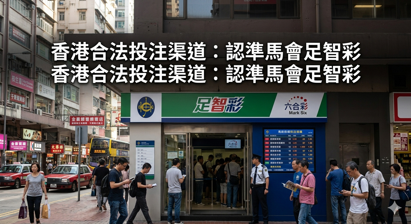 這是一張展示香港街頭馬會投注站的圖片,畫面中可以看到人們正在進出投注站,上方以顯眼的白色字體標註了「香港合法投注渠道:認準馬會足智彩」的標題。 圖片呈現了繁忙的都市街道場景,並明確傳達了關於香港賽馬會合法投注服務的宣傳信息。