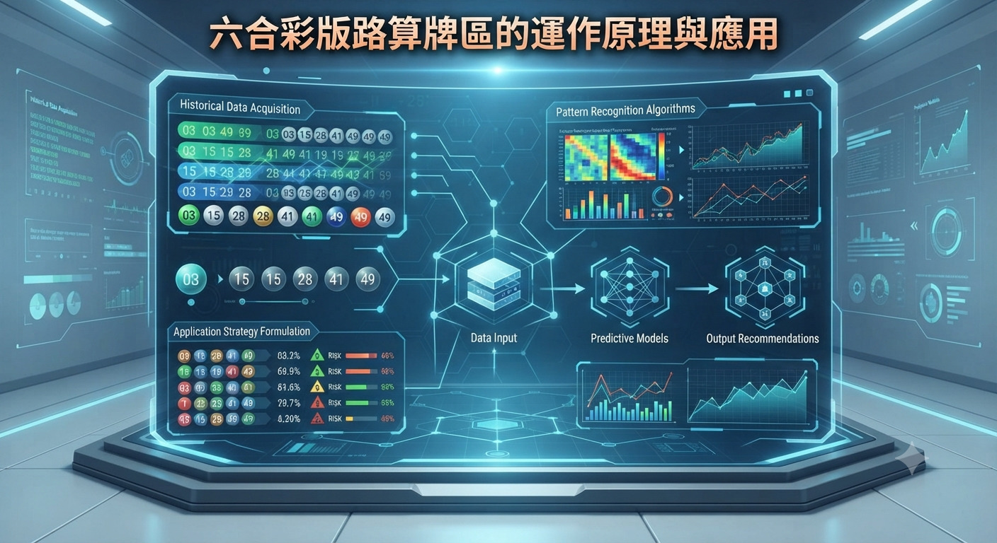 圖片展示了一個具備高科技風格的數據分析介面,其中包含歷史數據、圖表與預測模型。 畫面正上方清晰標題為「六合彩版路算牌區的運作原理與應用」,呈現出專業的資訊圖表設計。
